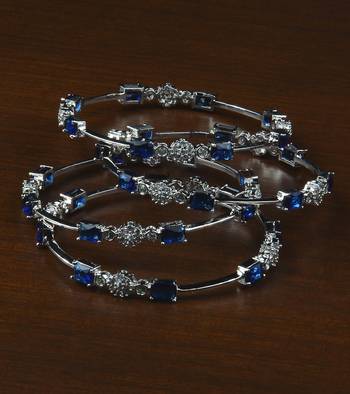 Rhodium Plated Electric Blue Stone Embellished American Diamond Bangles BD587 1