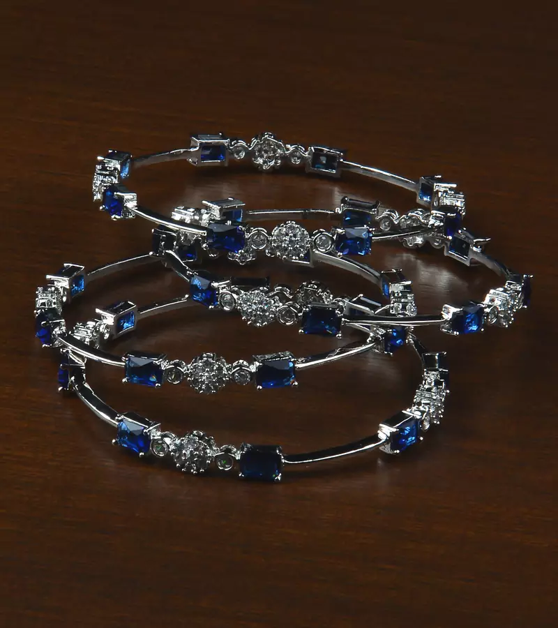 Rhodium Plated Electric Blue Stone Embellished American Diamond Bangles BD587