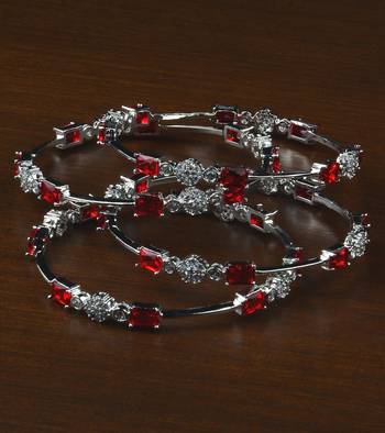 Rhodium Plated Electric Red Stone Embellished American Diamond Bangles BD588 1