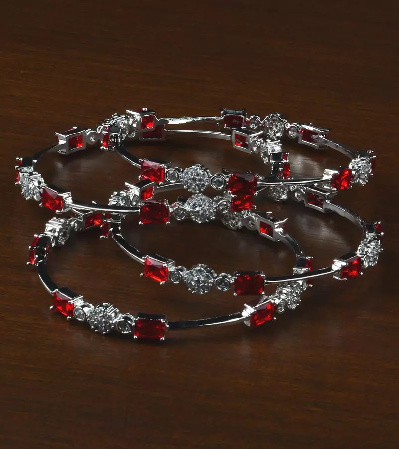 Rhodium Plated Electric Red Stone Embellished American Diamond Bangles BD588