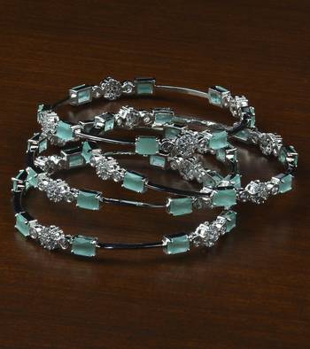 Rhodium Plated Mint Stone Embellished American Diamond Bangles BD589 1