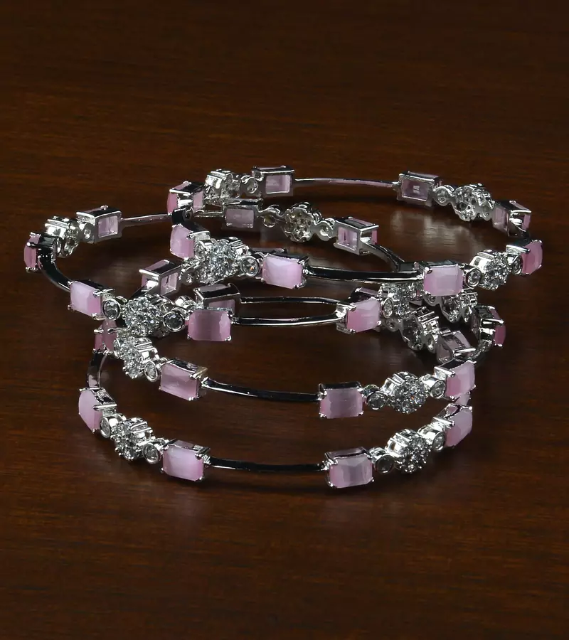 Rhodium Plated Baby Pink Stone Embellished American Diamond Bangles BD590