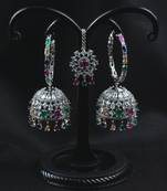 Rhodium Plated Multi Stone Embellished American Diamond Jhumka 216ED615