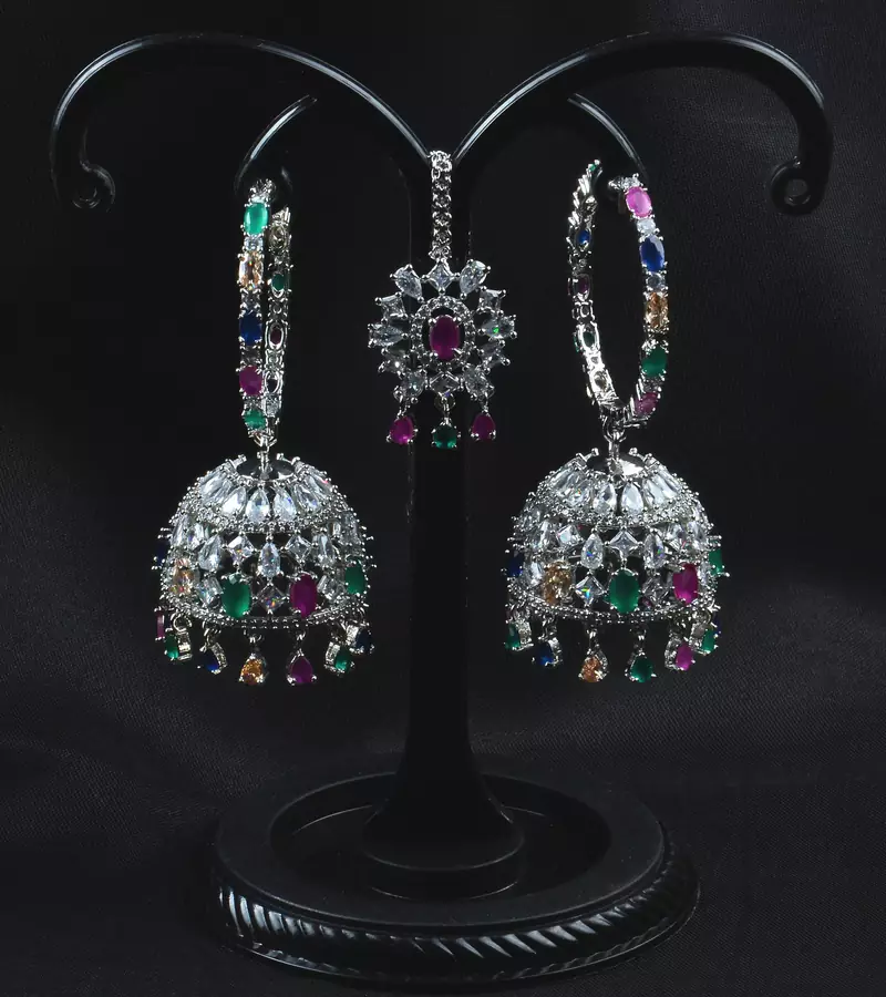 Rhodium Plated Multi Stone Embellished American Diamond Jhumka 216ED615
