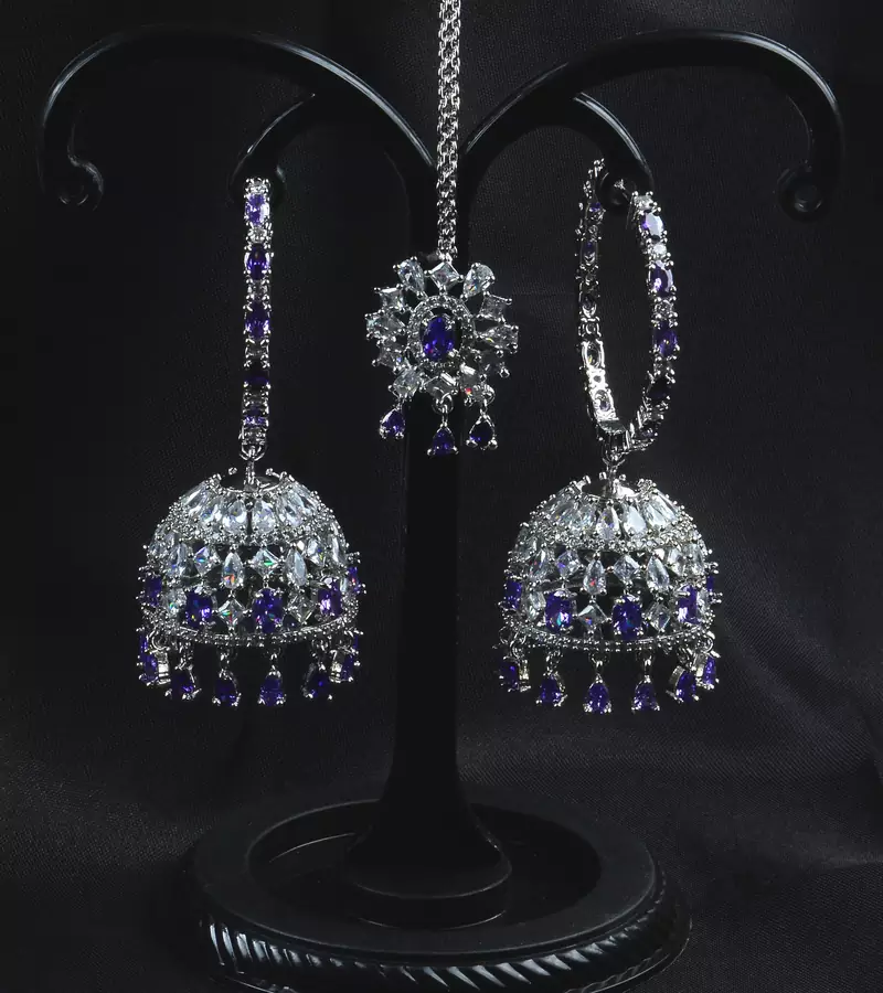 Rhodium Plated Purple Stone Embellished American Diamond Jhumka 216ED616