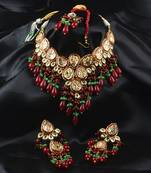 Gold Tone Maroon Beaded Designer Kundan Necklace 317FNN287
