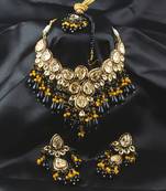 Gold Tone Black Beaded Designer Kundan Necklace 317FNN288