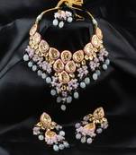 PINK Gold Tone Grey Beaded Designer Kundan Necklace 317FNN289