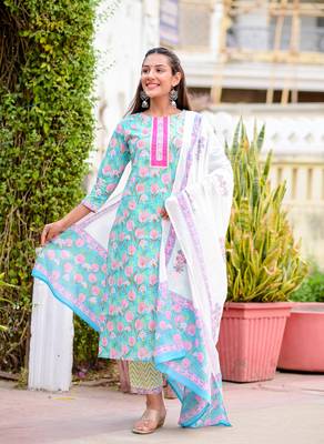 Blue printed cotton kurta-suits 1