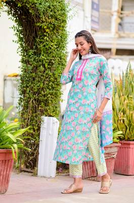 Blue printed cotton kurta-suits 3