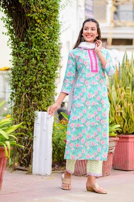 Blue printed cotton kurta-suits 4