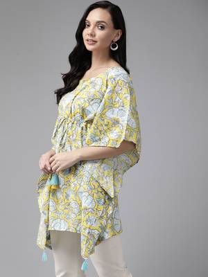 Yellow printed cotton kurtas-and-kurtis 2