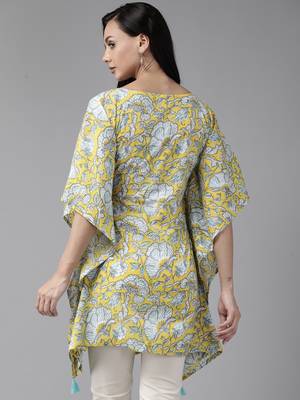 Yellow printed cotton kurtas-and-kurtis 3