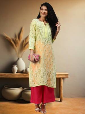 Ada Hand Embroidered Lemon Cotton Lucknow Chikankari Indian Women Kurta - A221005 1