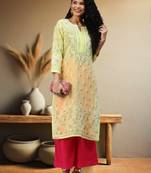 Ada Hand Embroidered Lemon Cotton Lucknow Chikankari Indian Women Kurta - A221005