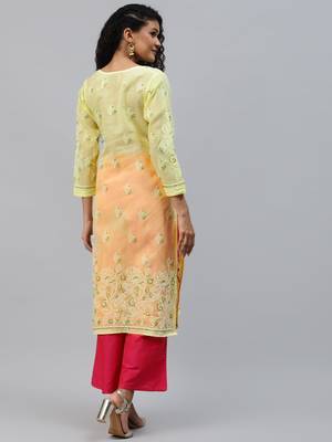 Ada Hand Embroidered Lemon Cotton Lucknow Chikankari Indian Women Kurta - A221005 2