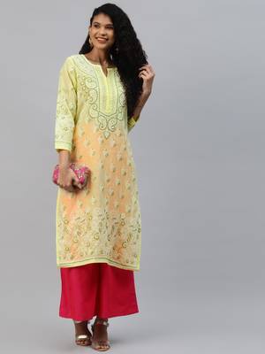 Ada Hand Embroidered Lemon Cotton Lucknow Chikankari Indian Women Kurta - A221005 3