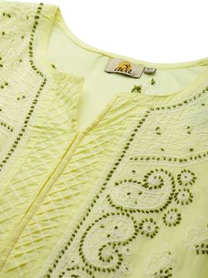 Ada Hand Embroidered Lemon Cotton Lucknow Chikankari Indian Women Kurta - A221005 4