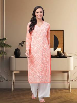 Hand Embroidered Peach Faux Georgette Lucknowi Chikankari Indian Women Kurta With Slip 1