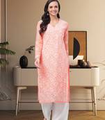 Hand Embroidered Peach Faux Georgette Lucknowi Chikankari Indian Women Kurta With Slip