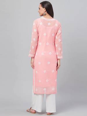 Hand Embroidered Peach Faux Georgette Lucknowi Chikankari Indian Women Kurta With Slip 2