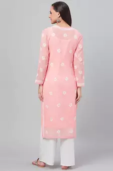 Hand Embroidered Peach Faux Georgette Lucknowi Chikankari Indian Women Kurta With Slip