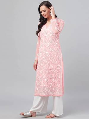 Hand Embroidered Peach Faux Georgette Lucknowi Chikankari Indian Women Kurta With Slip 3
