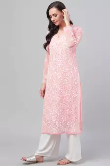 Hand Embroidered Peach Faux Georgette Lucknowi Chikankari Indian Women Kurta With Slip