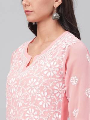 Hand Embroidered Peach Faux Georgette Lucknowi Chikankari Indian Women Kurta With Slip 4