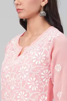 Hand Embroidered Peach Faux Georgette Lucknowi Chikankari Indian Women Kurta With Slip
