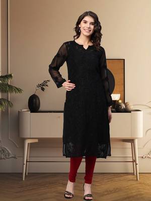 Ada Hand Embroidered Black Georgette Lucknow Chikankari Kurta With Slip - A200509 1