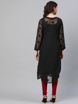 Ada Hand Embroidered Black Georgette Lucknow Chikankari Kurta With Slip - A200509 2