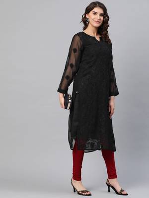 Ada Hand Embroidered Black Georgette Lucknow Chikankari Kurta With Slip - A200509 3
