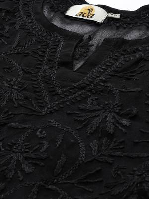 Ada Hand Embroidered Black Georgette Lucknow Chikankari Kurta With Slip - A200509 4