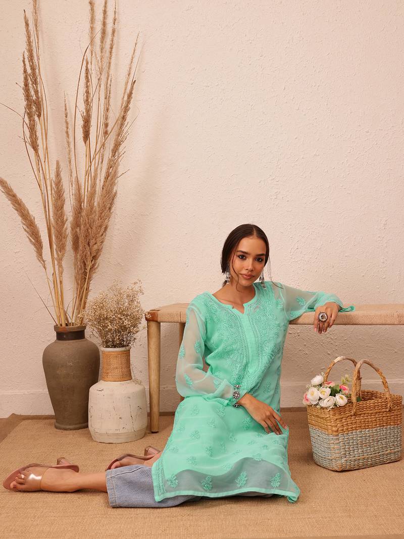 Hand Embroidered Sea Green Georgette Lucknowi Chikankari Indian Women Kurta With Slip