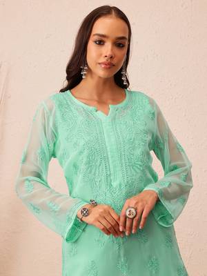 Hand Embroidered Sea Green Georgette Lucknowi Chikankari Indian Women Kurta With Slip 6