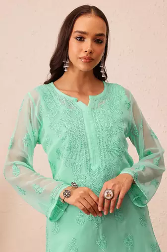 Hand Embroidered Sea Green Georgette Lucknowi Chikankari Indian Women Kurta With Slip