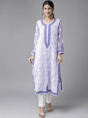 Ada Hand Embroidered Mauve Georgette Lucknowi Chikankari Indian Women Kurta with Slip - A223974 1