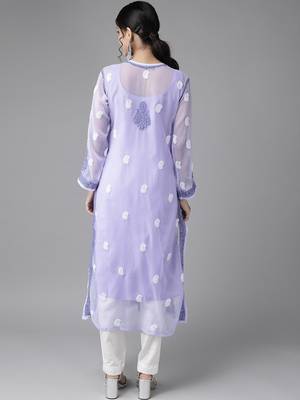 Ada Hand Embroidered Mauve Georgette Lucknowi Chikankari Indian Women Kurta with Slip - A223974 2