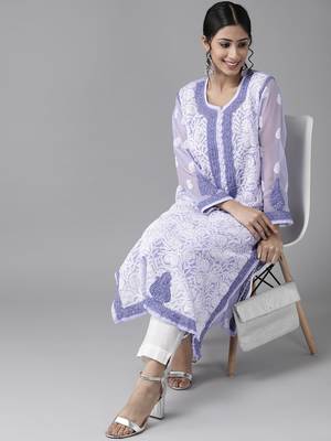 Ada Hand Embroidered Mauve Georgette Lucknowi Chikankari Indian Women Kurta with Slip - A223974 3