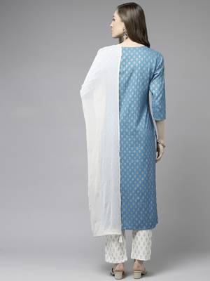 Sky-blue printed cotton kurta-suits 2