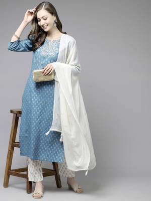 Sky-blue printed cotton kurta-suits 3