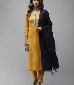 Yellow embroidered rayon kurta-suits