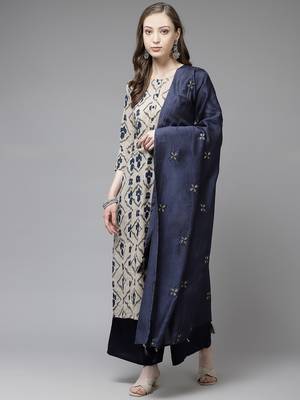 Beige printed cotton kurta-suits 1