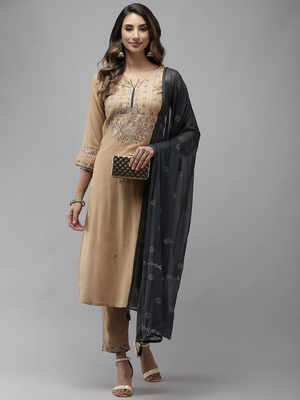 Beige embroidered rayon kurta-suits 1