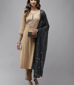 Beige embroidered rayon kurta-suits
