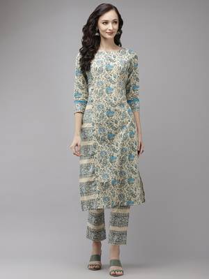 Beige printed cotton kurti-trouser 1