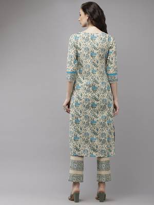 Beige printed cotton kurti-trouser 2