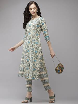 Beige printed cotton kurti-trouser 5