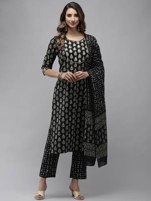 Black printed cotton kurta-suits 1